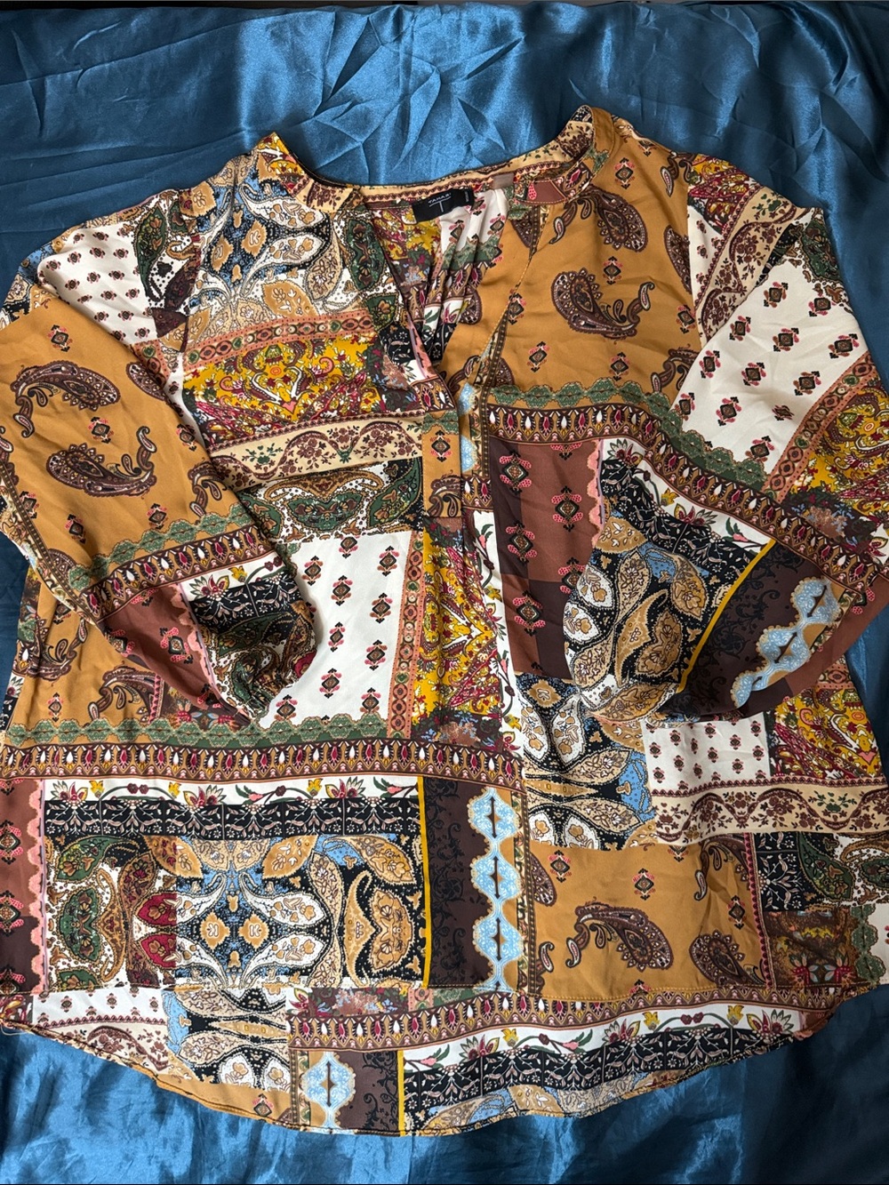 Bohemian Patchwork Print Women's Blouse - Mustard Multi